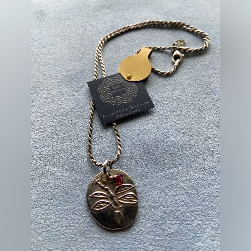 Handcrafted sterling silver dragonfly pendant and necklace with garnet bead
